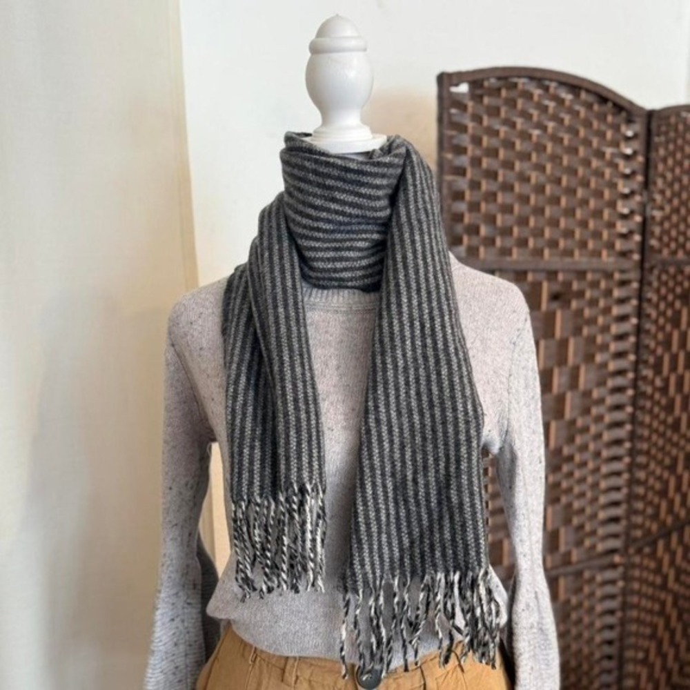 Givenchy Vintage Lambswool Scarf Gray and Black Striped Fringe Made in Italy
